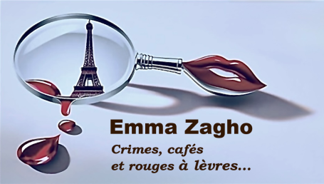 Logo Emma Zagho, avec loupe et Tour Eiffel. Crimes, cafés et rouges à lèvres.